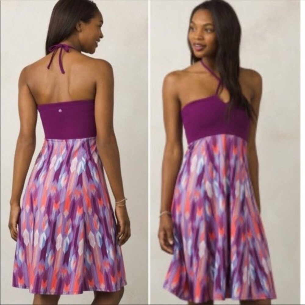 PRANA Solana Convertible Bandeau Halter Dress Maxi Skirt Purple Aztec Print - S